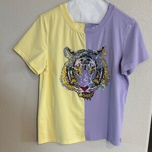 Ladies' Yellow & Lavender Sequin Tiger Short Sleeve Tee